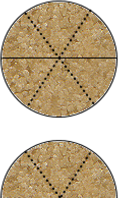 one pizza at the top, cut by a solid line into two halves and by dashed lines into sixths; remaining half of a pizza below, cut by dashed lines into three sixths