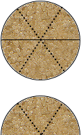 one pizza at the top, cut by a solid line into two halves and by dashed lines into sixths; remaining half of a pizza below, cut by dashed lines into three sixths