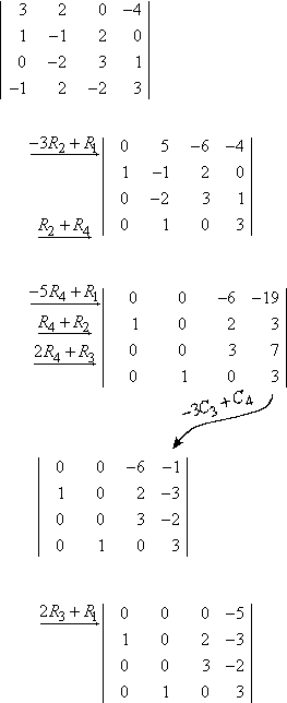 row, column ops: -3R_2+R_1,R_2+R_4; -5R_4+R_1,R_4+R2,2R_4+R_3; -3C_3+C4; 2R_3+R1; ||0 0 0 -5||1 0 2 -3||0 0 3 -2||0 1 0 3||