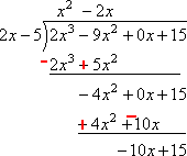 (−4x^2)/(2x) = −2x; (−2x)(2x − 5) = −4x^2 + 10x; (−4x^2 + 0x + 15) − (−4x^2 − 10x) = −10x + 15