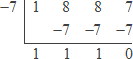 synthetic division with x = −7 outside at left; the first row inside is 1 8 8 7; the second row is [empty space] −7 −7 −7; the answer row is 1 1 1 0