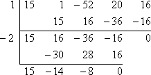 top row is −2 | 15 16 −36 −16; middle row is |___−30__28__26_; bottom row is 15 −14 −8 0