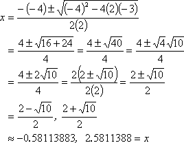 x = -0.58, 2.58