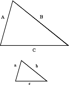 similar triangles, with larger triangle ABC above smaller triangle abc