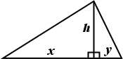 right triangle, with hypotenuse as the base, the longer leg rising from the left-hand end of the base, and the shorter leg rising from the right-hand end of the base; perpendicular (labelled h) dropped from right angle (at top) down to base; base pieces labelled as x (on the left of the perpendicular) and y (on the right)