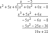 long division: y = x - 5 + (19x + 22) / (x^2 + 5x + 6)