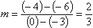 slope m = [(-4) - (-6)]/[0 - (-3)] = [-4 + 6]/[0 + 3] = 2/3