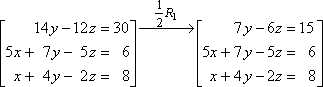 after multiplying R1 by one-half, R1 is now [7y - 6z = 15]; the system is now [[7y − 6z = 15][5x + 7y − 5z = 6][x + 4y − 2z = 8]]