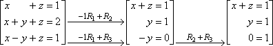 −R1 is added to R2; −R1 is added to R3; the new system is [[x + z = 1][y = 1][−y = 0]]; then R2 is added to R3; the new system is [[x + z = 1][y = 1][0 = 1]]