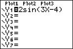 screenshot of Y= screen, showing Y1 = 2sin(3X−4) as the function being graphed