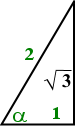 60° triangle, with alpha at the lower left-hand corner, the base (the adjacent side) having length 1, the altitude (the opposite side, on the right) having length sqrt[3], and the hypotenuse having length 2