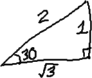 30-60-90 triangle, with angle at left labelled 30, the right angle at the right, the base (the adjacent side) labelled sqrt[3], the height (the opposite side, on the right) labelled 1, and the hypotenuse labelled 2