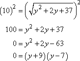 100 = y^2 + 2y + 37, so 0 = y^2 + 2y - 63